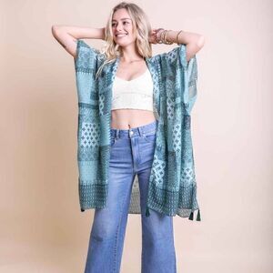 NEW! Boho Print Kimono Teal Blue Patchwork One Size Hippie Beach Cover Up